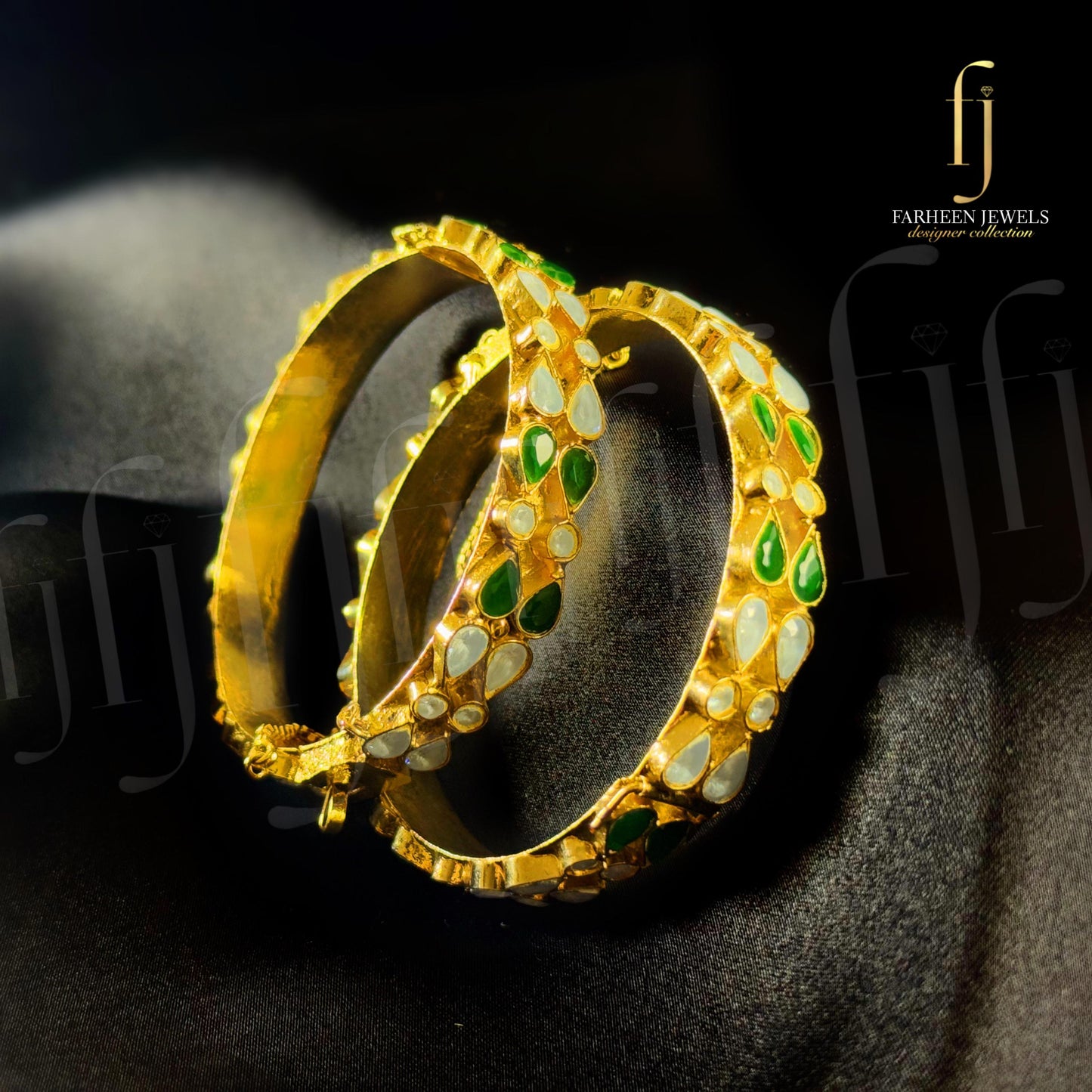 Farshi Kundan Gold Plated Emerald Openable Bangles | FBP-33