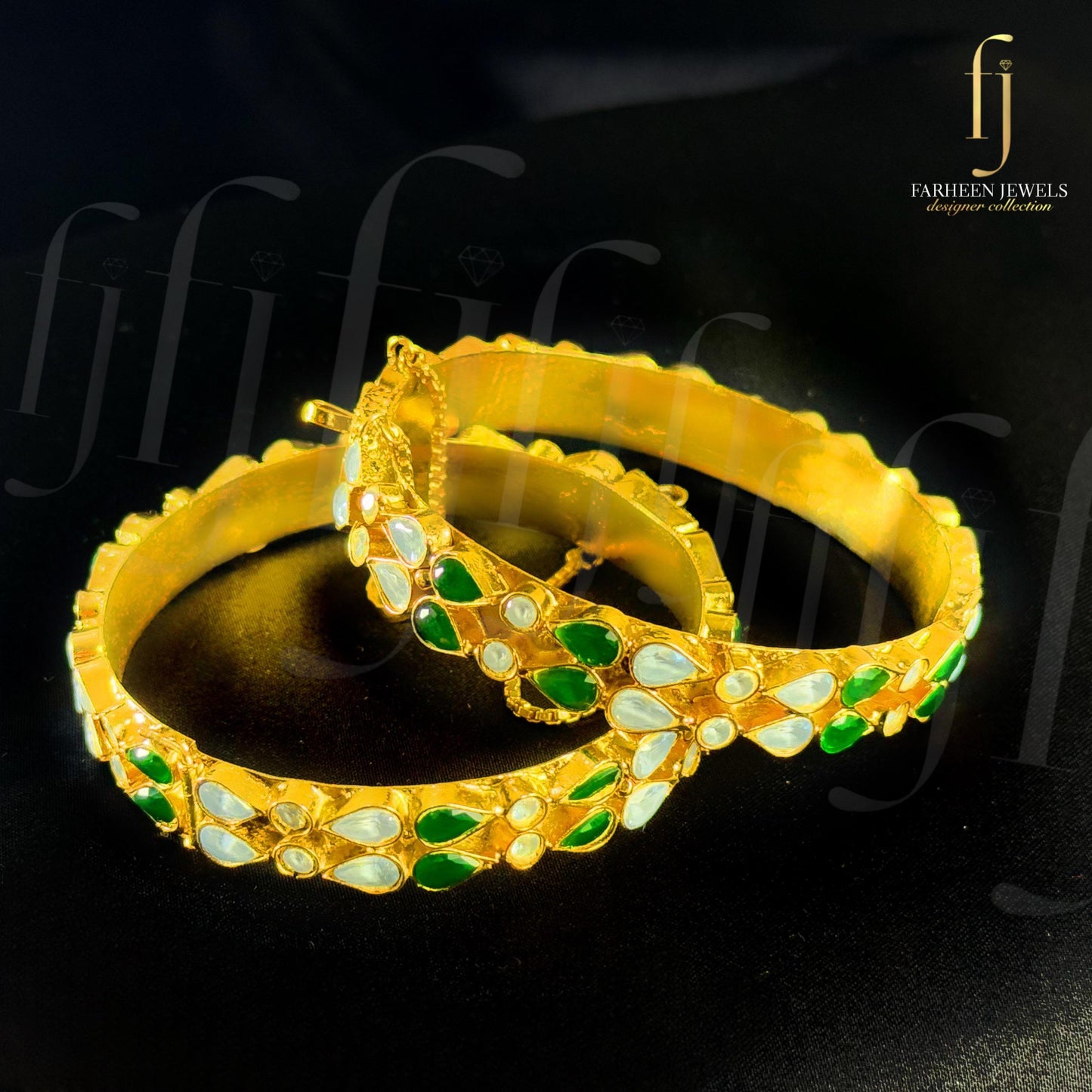 Farshi Kundan Gold Plated Emerald Openable Bangles | FBP-33